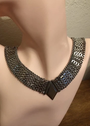 Vintage Silver Tone Mesh Choker Necklace Art Deco Statement Jewelry 16” (T1)