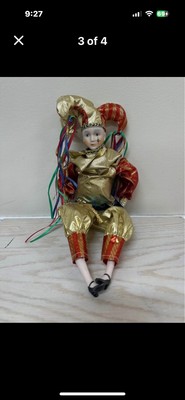Porcelain Doll Clown Jester Gold Red Streamers 15''