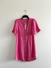 Good Luck Gem Dress Mini Pink Linen Button Flutter Sleeve Womens S Boho NWT