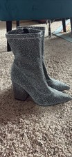Silver Glitter Mid-Calf Block Heel Women's Bootie Pointed Toe Zip Size 7M