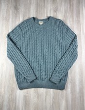 LL Bean Men's Large Reg Lambswool Blend Cable Knit Sweater Teal Blue Crewneck