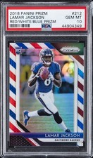 2018 PANINI PRIZM RED/WHITE/BLUE PRIZM #212 LAMAR JACKSON ROOKIE RC PSA 10