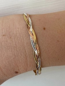 Authentic 925 Sterling Silver TriColor Twisted Braided Bracelet 14K Three Tone Gold Plated
