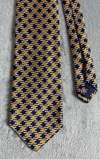Robert Talbott Silk Necktie Tie Yellow Navy Geometric Hand Sewn Made In USA EUC