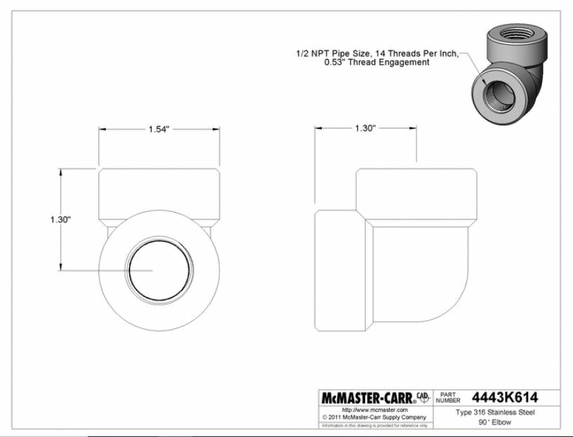 McMaster Carr 4443K614 Pipe Elbow 90° 1/2" NPT 316L Stainless 3M SA182