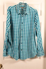 Express Mens Fitted Button Shirt Sz L Large 16-16.5 Long Sleeve Blue White Plaid