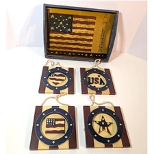 American Flag Tray Rectangular Wooden Distressed Rustic Primitive Decoration Set