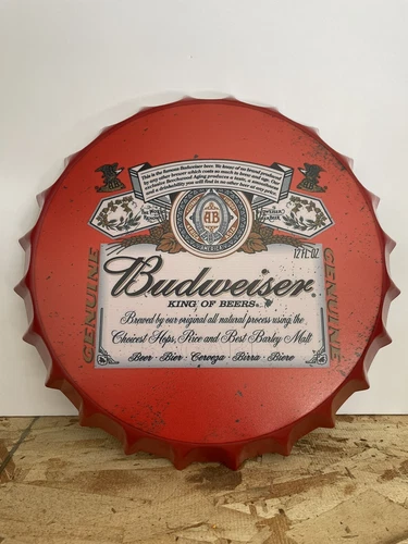 Budweiser Genuine King Of Beers Vintage Tin Metal Sign 13” Man Cave Garage Decor