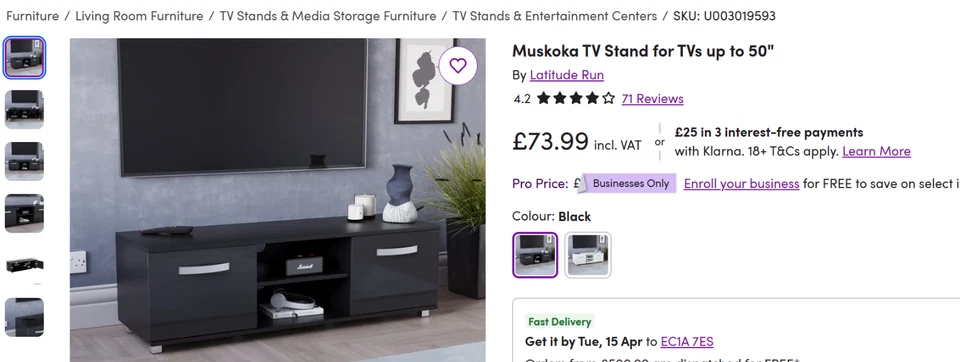 Soporte de TV Wayfair Latitude Run Muskoka para televisores de hasta 50" R.P. £74 Negro Foto 2 de 4