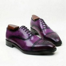 Handmade Men's Leather Oxfords Purple Full Brogue Cap Toe Black Sole shoes-876