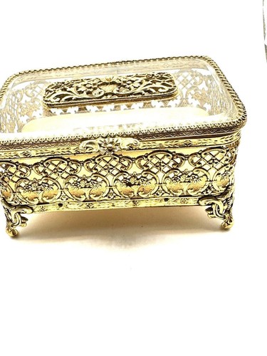 Matson Ormolu verzierte Blume Schmuckkästchen Fase Glas Gold filigran Fuß Schatulle - Bild 3 von 14