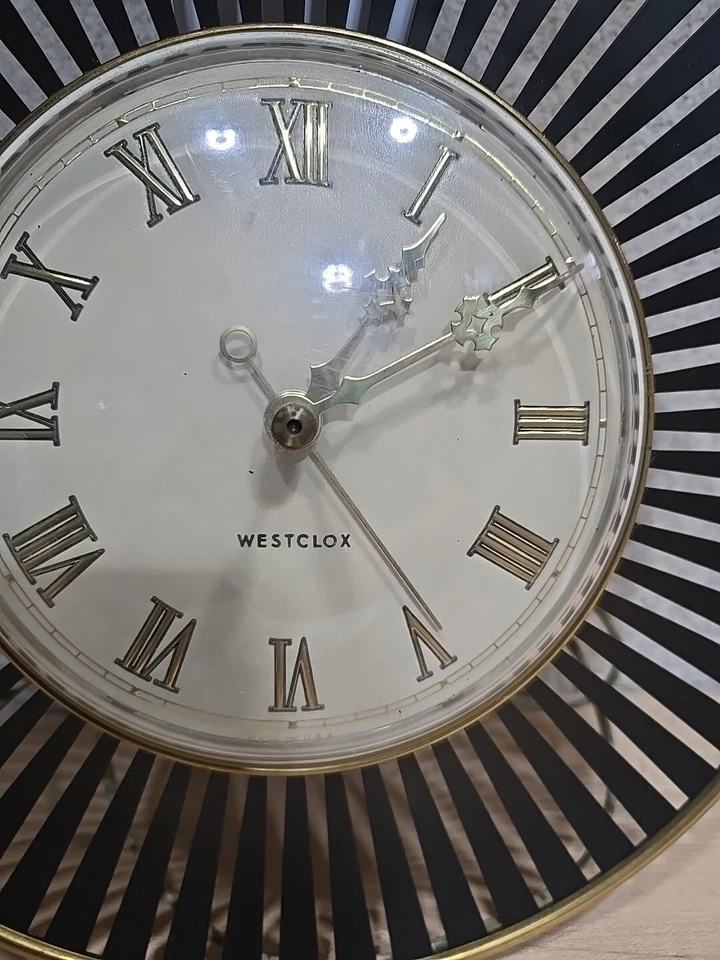 Vintage MCM 1960s Westclox Orbit Wall Clock 12” Cartwheel Brass Made USA Tested - Image 2 of 4