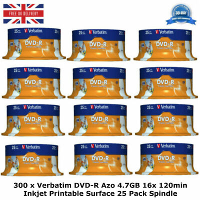 300 x Verbatim DVD-R AZO 700MB 16x 120min Wide Printable Surface 25 Pack Tubs
