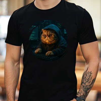T-Shirt Herren Hacker Katze Motiv Baumwolle Größe S bis 5XL