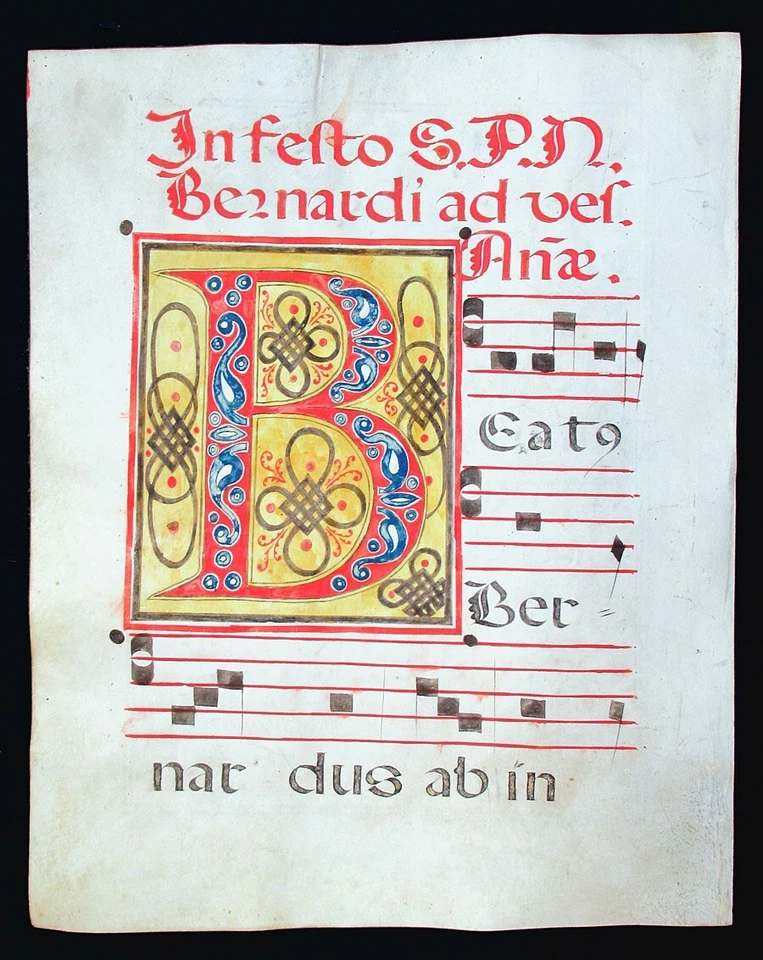 ILLUMINATED MANUSCRIPT CHOIRBOOK LEAF SPAIN c 1600, LARGE ELABORATE INITIAL "B" - Image 3 of 4