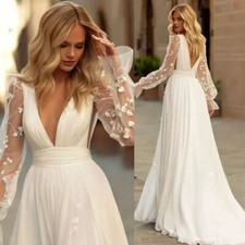 Bohemian Long Sleeve Wedding Dresses V-Neck Split Bridal Gowns Sweep Train