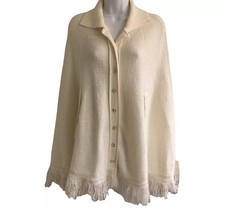 Vtg Orlon Acrylic Knit Fringe Poncho Shawl Cape Button Sweetree Collared White