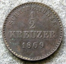 Wurttemberg Kingdom - German States Karl I 1869 1/2 Kreuzer, Copper km# 611