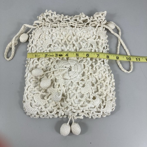 Antique Reticule Crochet Drawstring Miser Purse White Lined Puffy Tassels Poms - Picture 4 of 14