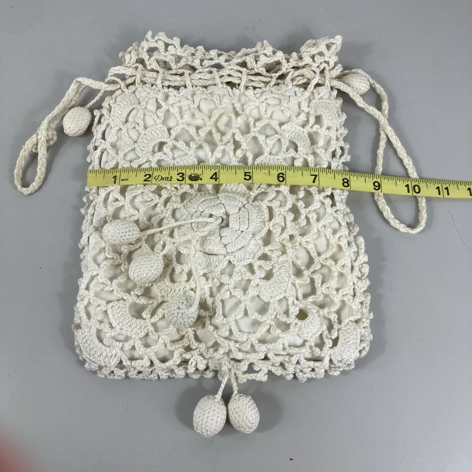 Antique Reticule Crochet Drawstring Miser Purse White Lined Puffy Tassels Poms - Image 4 of 4