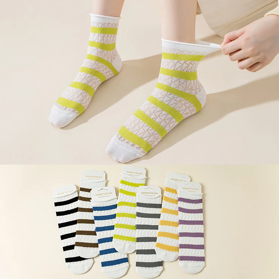 Meias curtas femininas transparentes listras rosas finas renda cristal seda verão EUA - Imagem 2 de 4