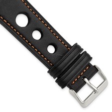 24mm Black Grand Prix Leather Orang Stitch Silver-tone Buckle Watch Band