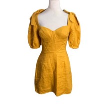Reformation Womens Size 4 Gold Linen Puff Sleeve Bow Detail Mini Dress Summer