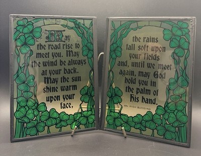Vtg 1976 Yorkraft 2-Piece Stained Glass Irish Blessing Suncatchers, 7x5  Each