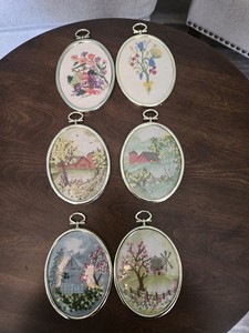 Set 6 Framed Completed Crewel Watercolor Colors Framed