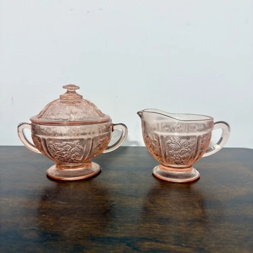 Vintage Federal Sharon Cabbage Rose Pink Depression Glass Sugar Bowl Creamer Set