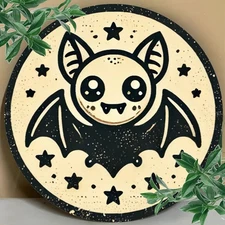 Round Cute Bat Pattern Aluminum Wall Art Sign with Pre-Drilled Holes