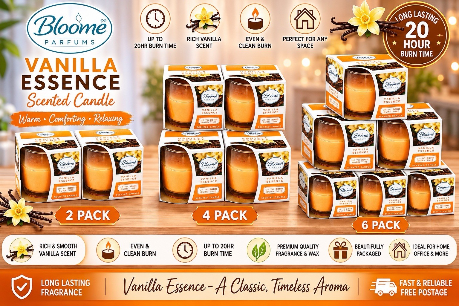 Tarro de vidrio con vela perfumada Bloome Vanilla Essence hasta 20 horas de tiempo de combustión S1