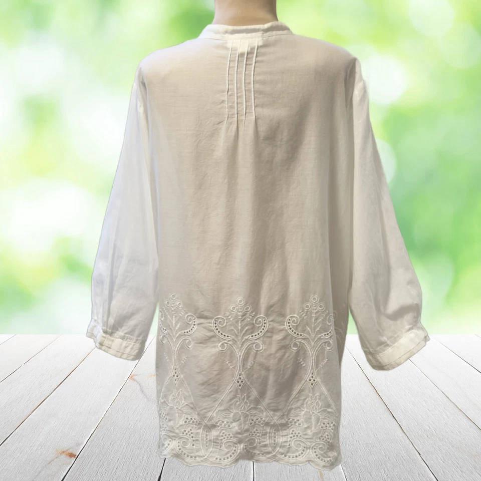 COLDWATER CREEK Top Size 2X White Pintuck Embroidered Eyelet Button Up Romantic - Image 3 of 4