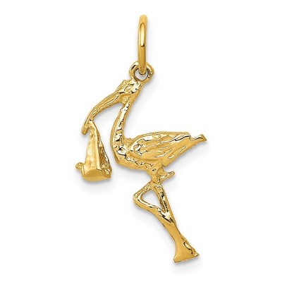 14k Yellow Gold Solid 3-D Stork Charm Necklace Womens