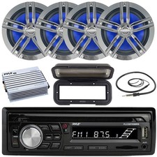 Pyle 1DIN Marine CD Receiver, 4x 6.5" Charcoal Speakers, Amp, Antenna, Cover