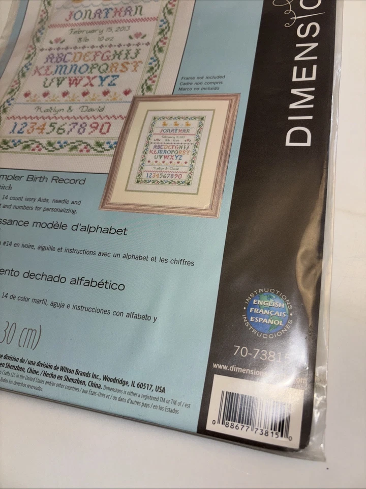 DIMENSIONS ALPHABET SAMPLER BIRTH RECORD Counted Cross Stitch Kit -NEW - Image 4 of 4