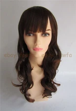 Long Curly Wave Wig Synthetic Hair Mix Brown Full Bangs Women Cosplay Full Wig