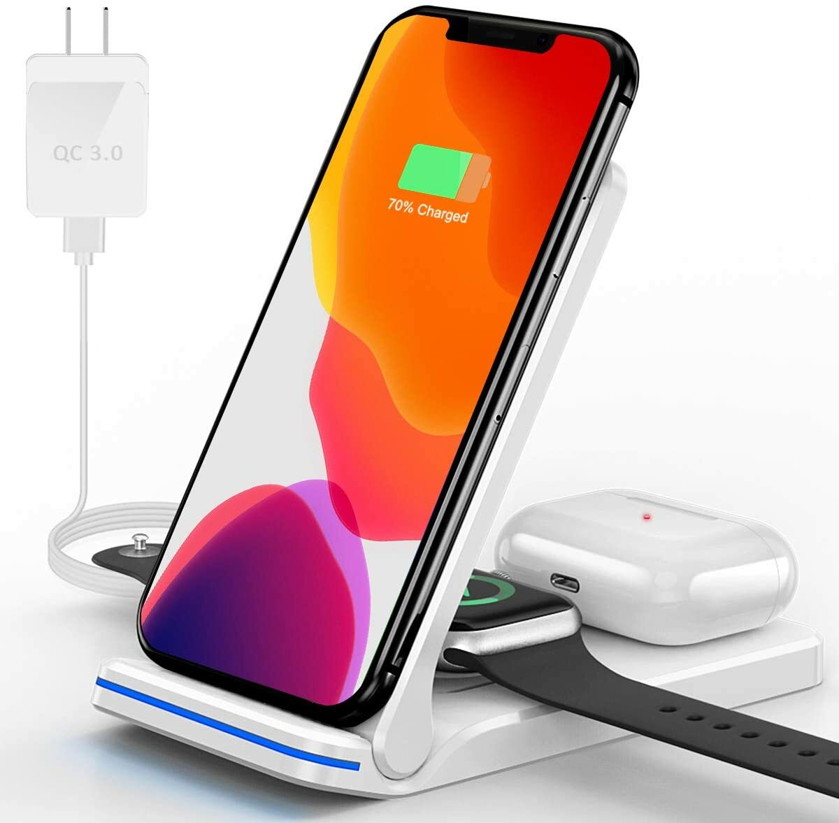 3-in-1 White Wireless Charging Station for Phone Watch Earbuds-image