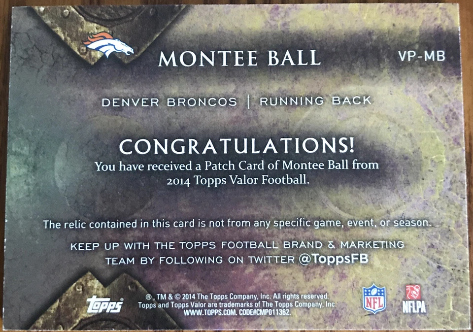 2015 Topps Valor Patches Montee Ball VP-MB Denver Broncos - Image 2 of 2