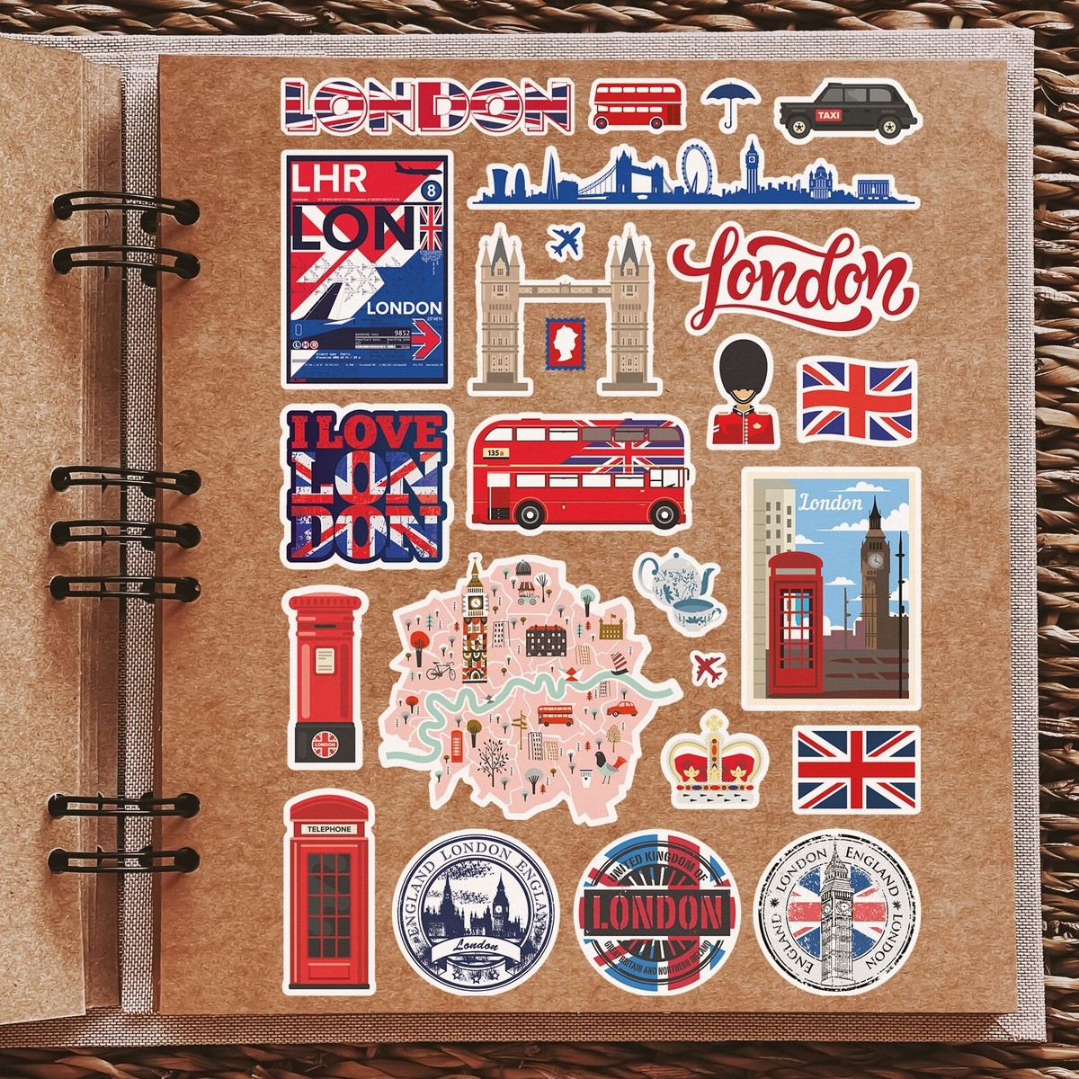 British London Aufkleber – 50 Stück Union Jack & Roter Bus Motive | Für Laptop, Koffer, Skateboard