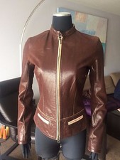 Auth June Very Soft 100% Leather Shimmer Brown Jacket W/gold Metallic Trim Sz Ps