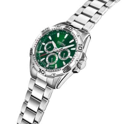 Festina F206233 Mens Silver Steel Strap Green Chronograph Dial Watch 44.7 mm