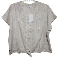 New Time and Tru Womens Large Striped Linen Viscose Blend Tie Front Dolman Top