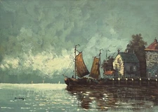 Impressionist Burgy Evening Mood Seaside Coastal Houses Sailboats Oil Painting 