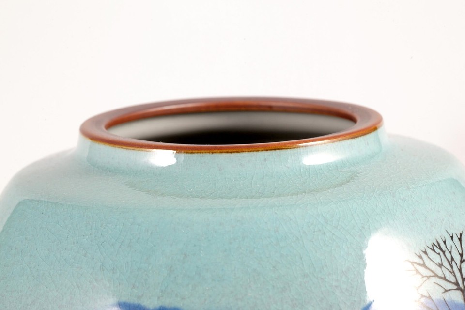 Vintage Kutani Ware Large Japanese Vase Trees Blue Purple Green Artist