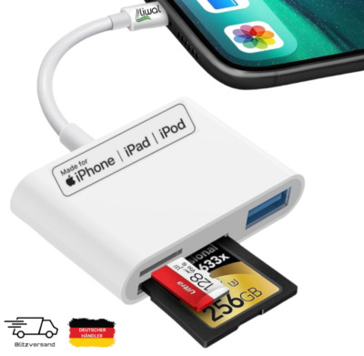 SD Card Reader for iPhone iPad, 3 in 1 Memory Card Reader Adapter with USB Port
