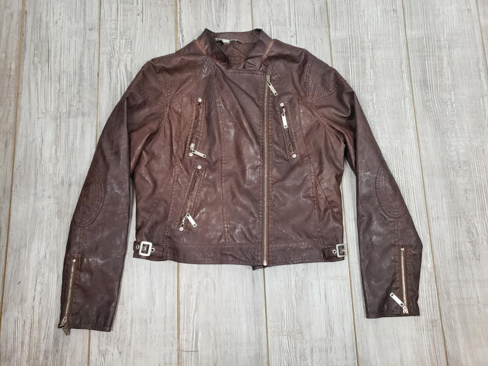 JouJou искусственной кожи куртка sz XLarge женщин коричневый молнии Moto куртка молнии   - Изображение 4 из 4
