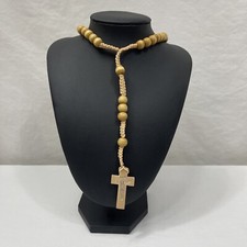 Light Brown Rosary Necklace Unisex Wooden Beads Nylon Cord Rope Catholic Rosary