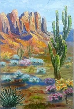 Original Oil Art Desert Landscape Cactus Painting Flovers Art