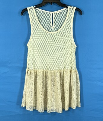 HEM & THREAD Ivory SEE-THROUGH LACE Sleeveless KEYHOLE BACK Peplum TANK TOP Sz M